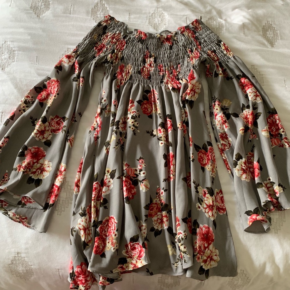 Strapless Gray Floral Bell Sleeves Babydoll Dress